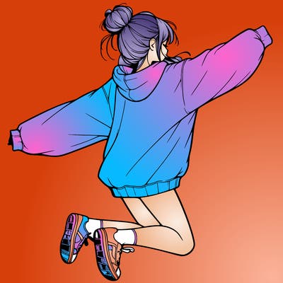 realistic girl jumping with a bun and oversized sweatshirt