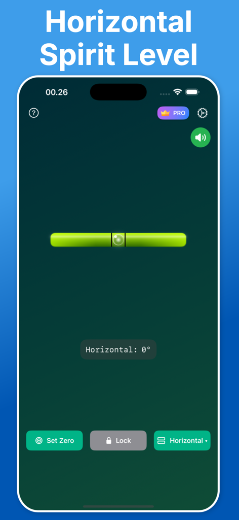 Level Tool ™ - La interfaz de la aplicación Level Tool que muestra un nivel de burbuja horizontal digital a cero grados.