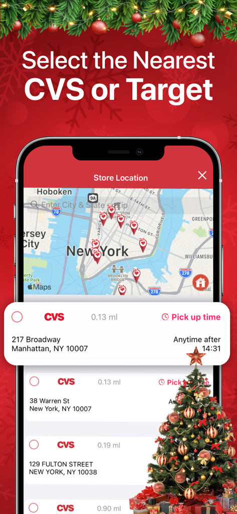 Photo Print: CVS Quick Prints - Mobile app screen showing a map of CVS and Target store locations for 1-hour photo pickup in New York