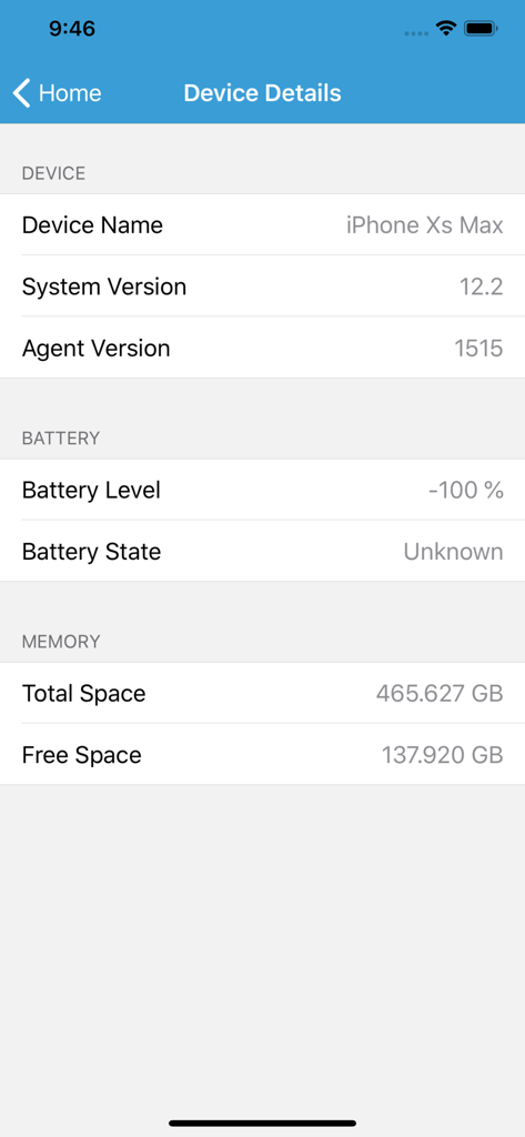 ManageEngine MDM - Screenshot of the ManageEngine MDM app showing hardware and system details of a managed iPhone