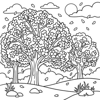 Explore the beauty of spring with this delightful cherry blossom tree coloring page, specially designed for kids aged 4-8. Featuring full blooming trees, gentle falling petals, and a bright sky, it's perfect for a creative and relaxing activity.