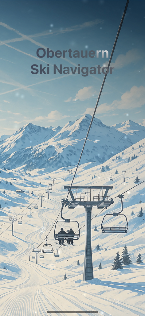 Obertauern - Splash screen of the Obertauern Ski Navigator app featuring a stylized mountain landscape with chairlifts and snowy slopes.