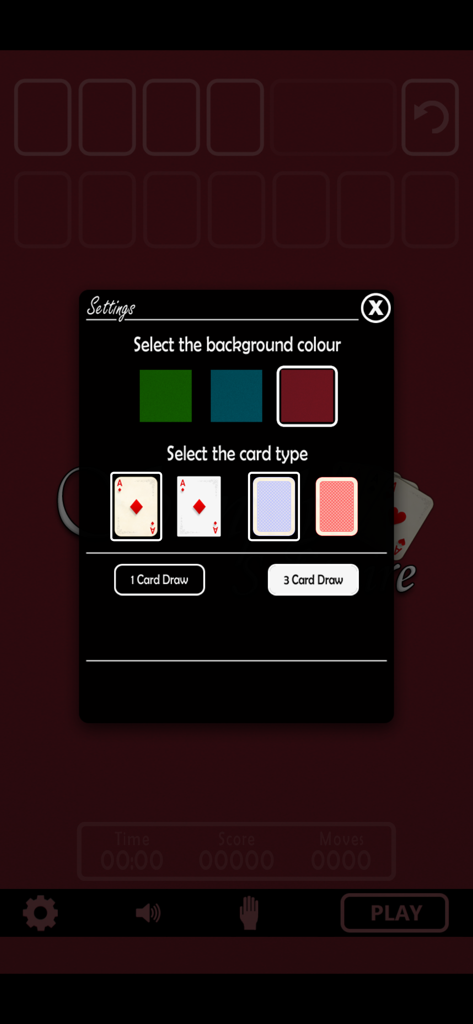Simply Solitaire - Simply Solitaire settings screen showing background color and card style customization options