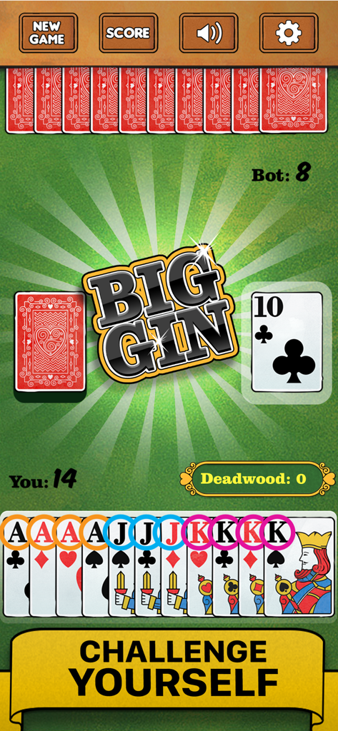 Gin Rummy Card Game Classic - Interfaz del juego de cartas Gin Rummy que muestra una mano ganadora de Big Gin en una pantalla móvil con cartas fáciles de leer.