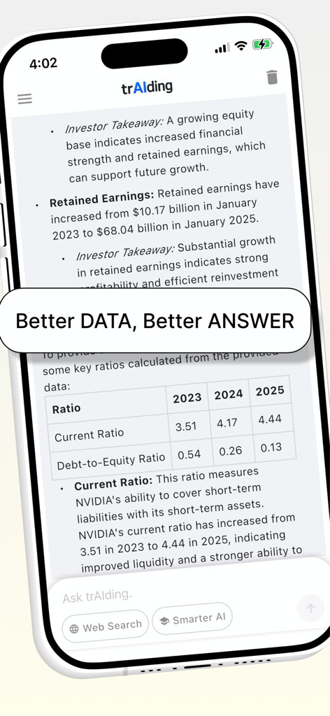 AI-powered financial analysis of NVIDIA stocks showing key ratios and investor takeaways in the trAIding app