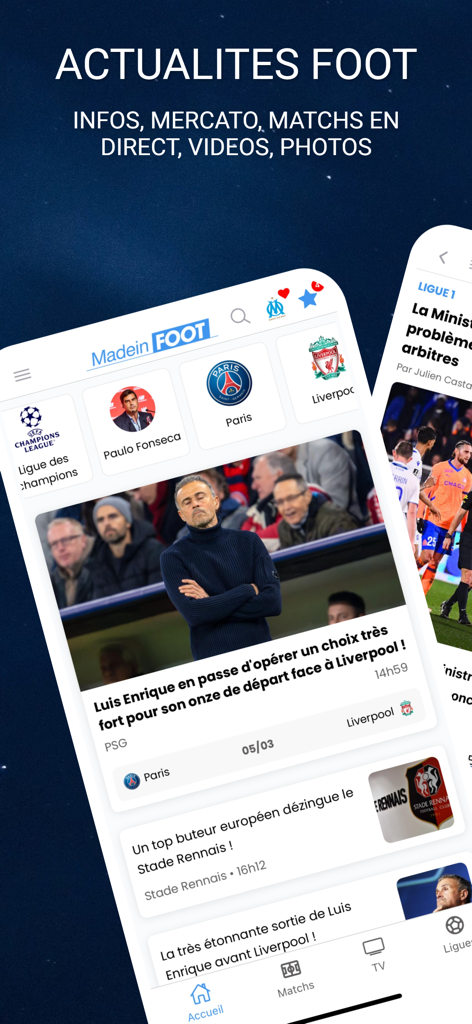 Made in FOOT - L'écran d'accueil de l'application mobile Made in FOOT présentant les dernières actualités de football et les informations sur les clubs.