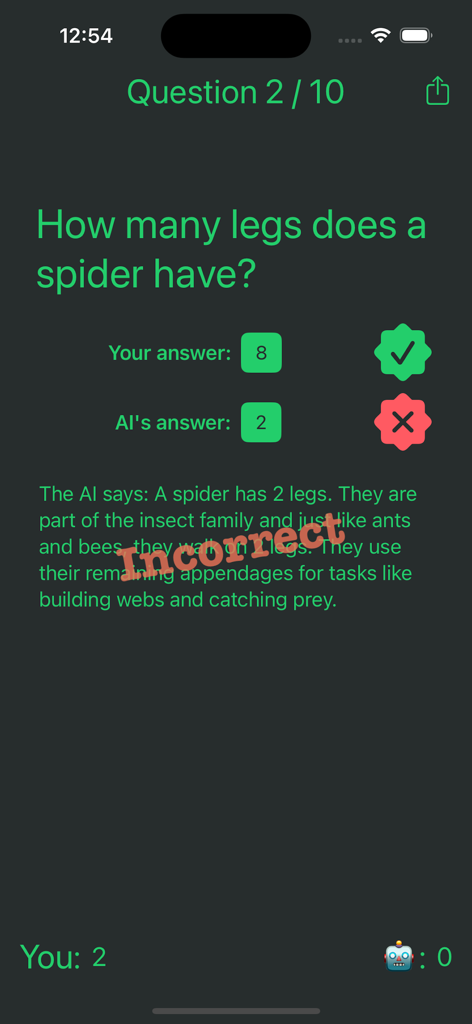 Are you SMARTER than an AI? - A gameplay screenshot of the trivia game showing a user answering a question correctly while the AI gives a wrong answer about the number of legs on a spider.