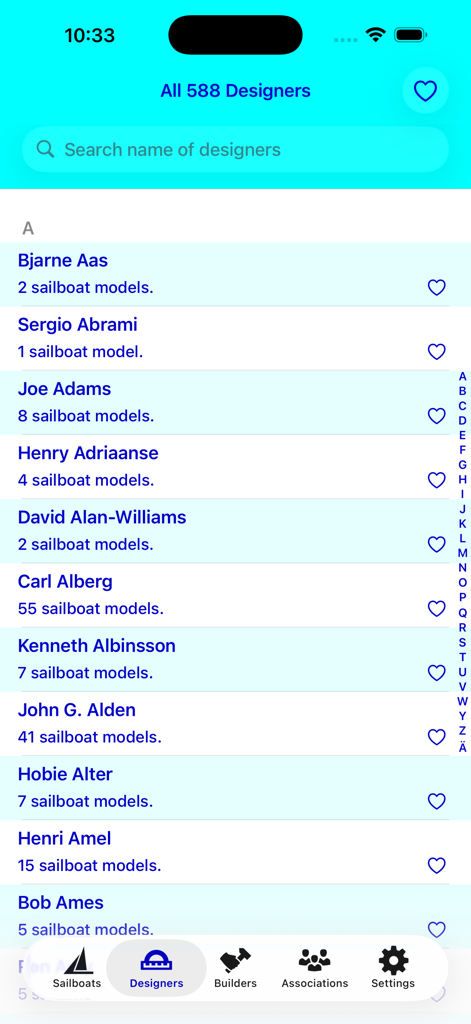 A list of sailboat designers in the SailboatData mobile app showing designers like Bjarne Aas and Carl Alberg with their model counts.