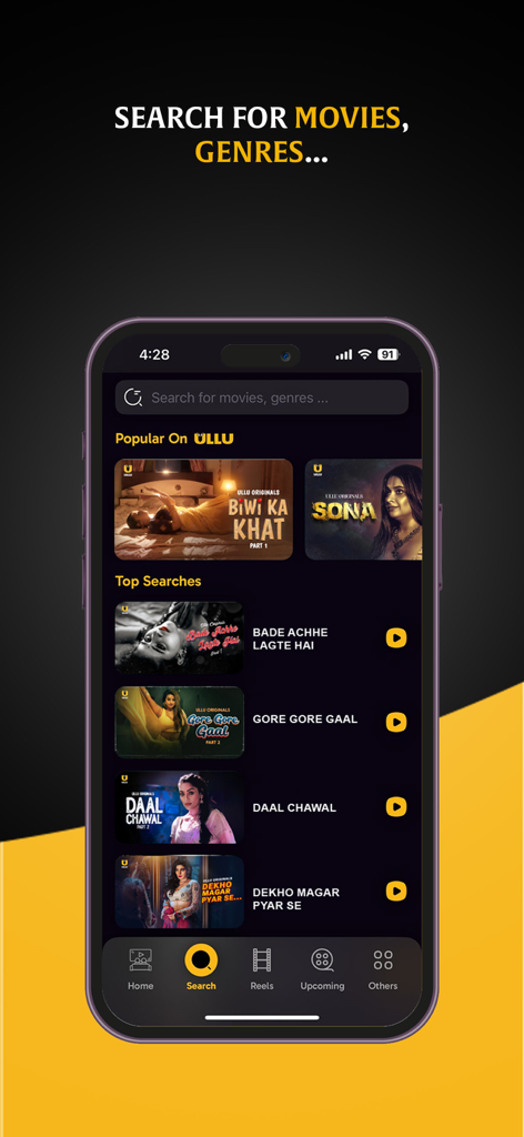ULLU mobile app search screen displaying popular Indian web series and movies