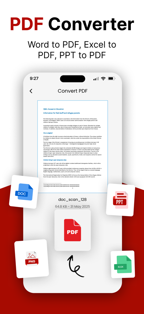 PDF Editor: Fill, Edit, Sign - Interface showing document conversion from Word Excel and PPT to PDF