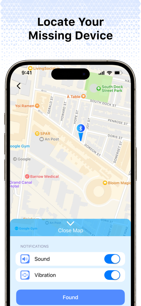 Find My: Air Headphone Phone - Find My Air Headphone Phone app interface showing a map to locate a missing Bluetooth device