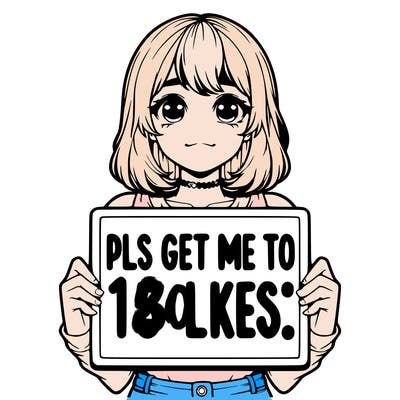 realistic girl holding up a sign that says “pls get me to 15 likes!”