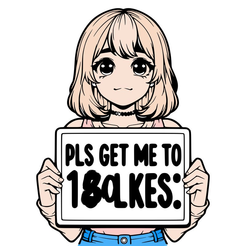 realistic girl holding up a sign that says “pls get me to 15 likes!”