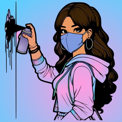 realistic girl with mask spray painting a wall