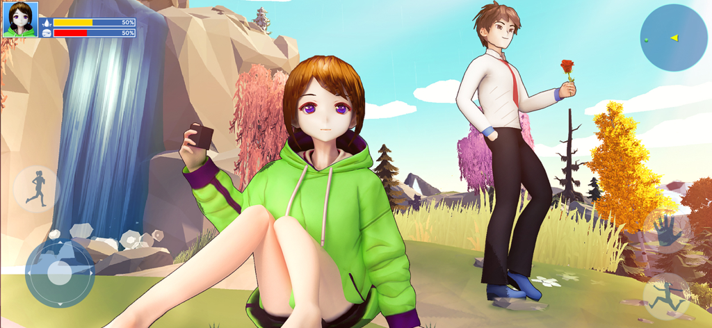 Anime Girl Love Life Simulator - An anime girl sitting in a nature setting with an anime boy holding a rose in the background