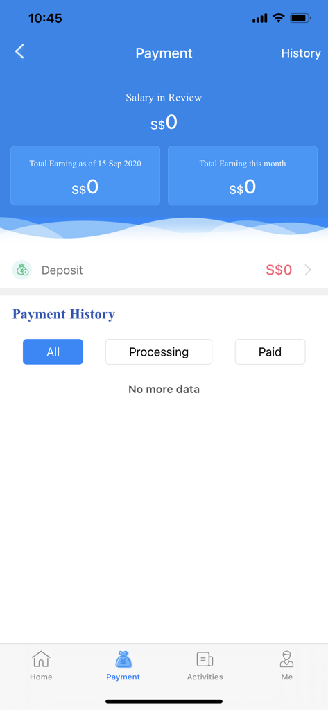 YY Circle - Get flexible jobs - Pantalla de pagos de la aplicación YY Circle mostrando el resumen de ganancias y el historial de pagos de trabajos flexibles