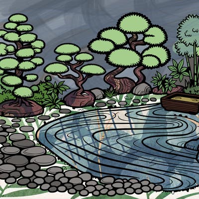 a serene zen garden with raked gravel, bonsai trees, and tranquil ponds