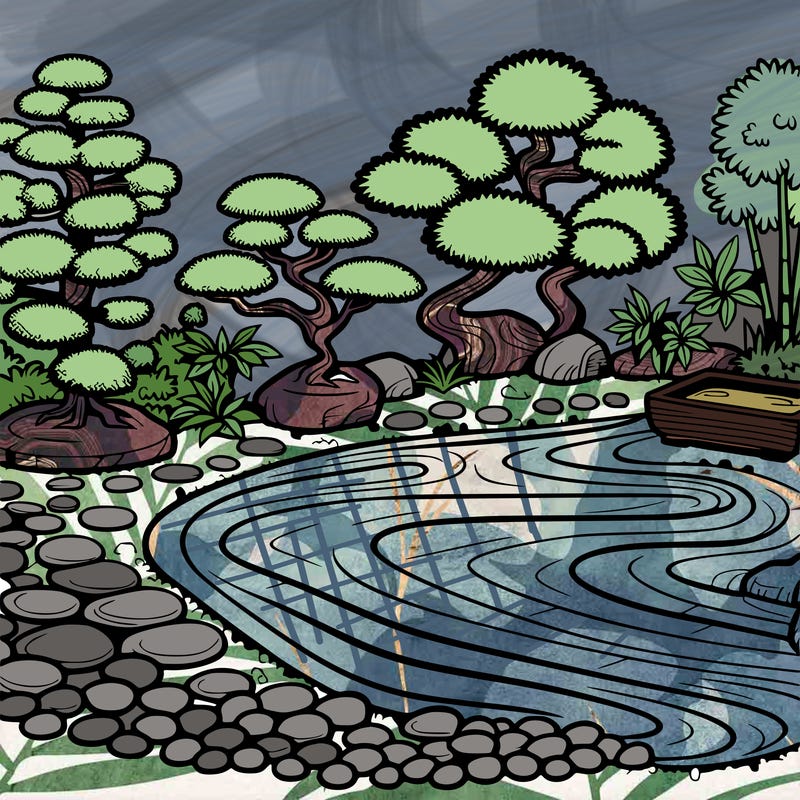 a serene zen garden with raked gravel, bonsai trees, and tranquil ponds