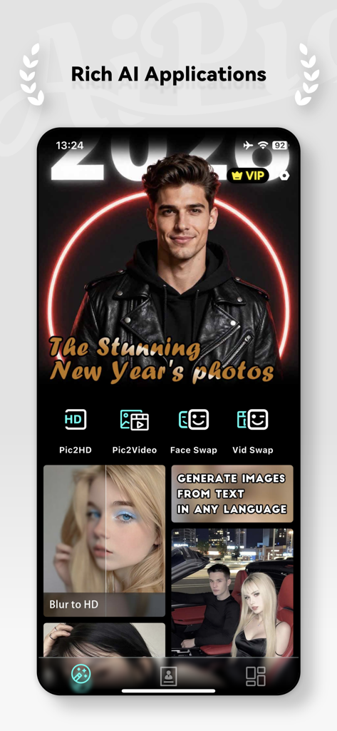 AiPic-Wonder AI Art Generator - Screenshot of AiPic app interface displaying AI art generation and photo editing features