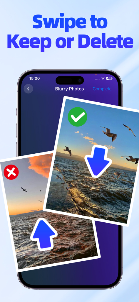iPhoneでぼかし写真をクリーンアップするための、保持または削除をスワイプする機能を示すモバイルアプリインターフェース