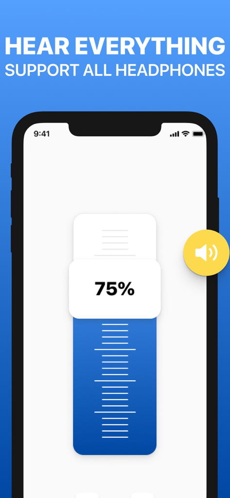 Hearing Aid app & Amplifier - Smartphone screen showing a 75 percent volume slider for the hearing aid and sound amplifier app.