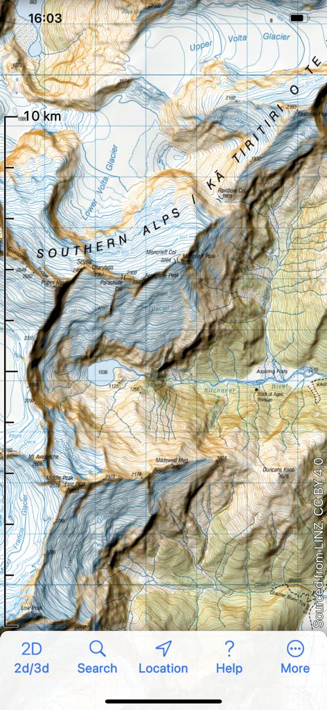 3D Map New Zealand - Mapa topográfico detallado de los Alpes del Sur en Nueva Zelanda mostrando glaciares y contornos del terreno.