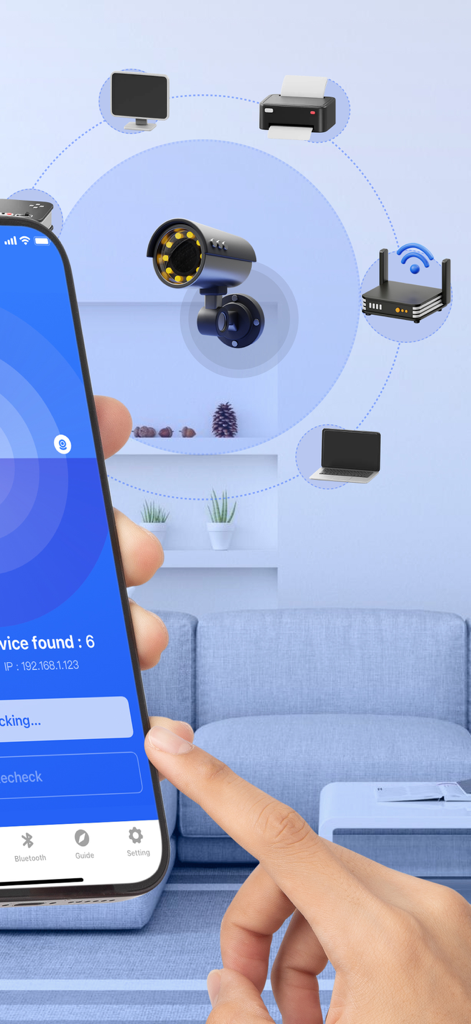 Home Security Camera App - Écran d'application montrant l'analyse réseau des caméras de sécurité et des appareils intelligents