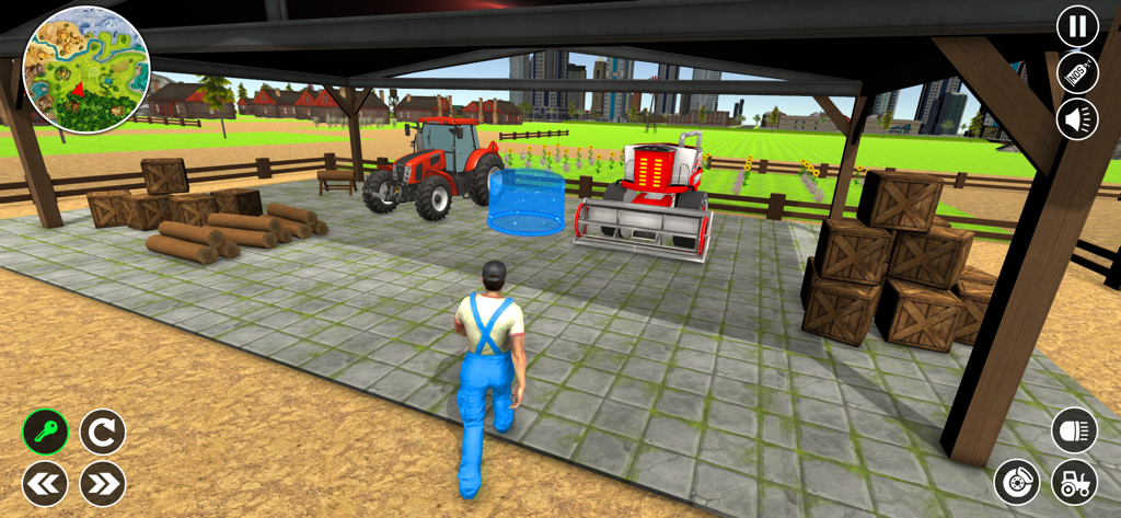 Tractor Driving Farming Game - Personaje agricultor de pie en un cobertizo de almacenamiento con un tractor y una cosechadora en un simulador de agricultura en 3D