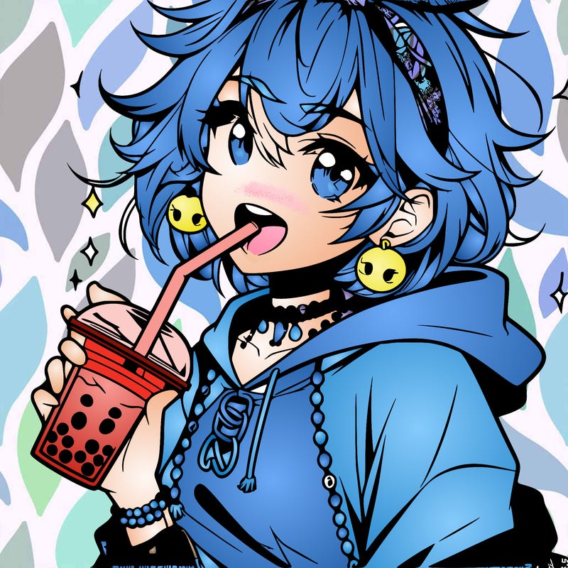 hot baddie anime girl drinking boba and biting the straw