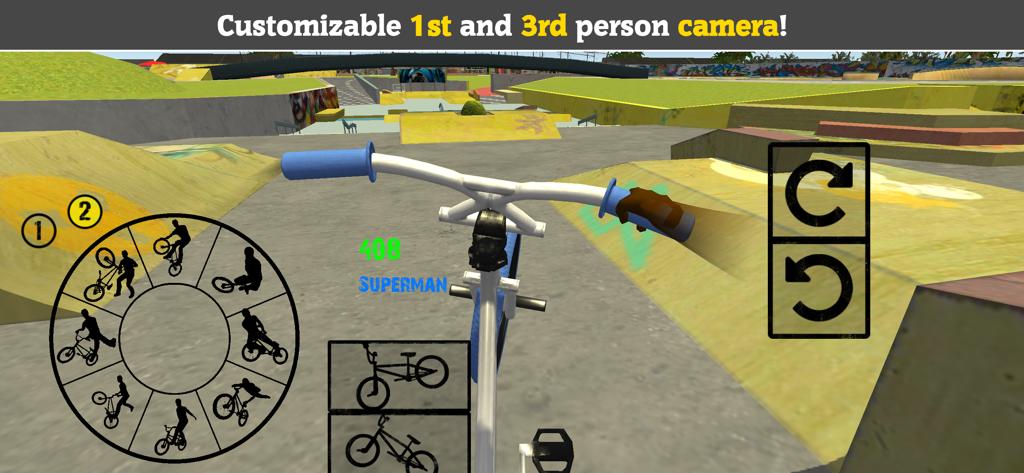 BMX FE3D 2 - First person view of a BMX rider in a skatepark with a trick selection wheel and a Superman stunt notification