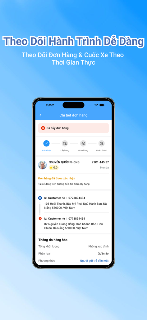 Real time trip and order tracking interface on the 71ViVu mobile app