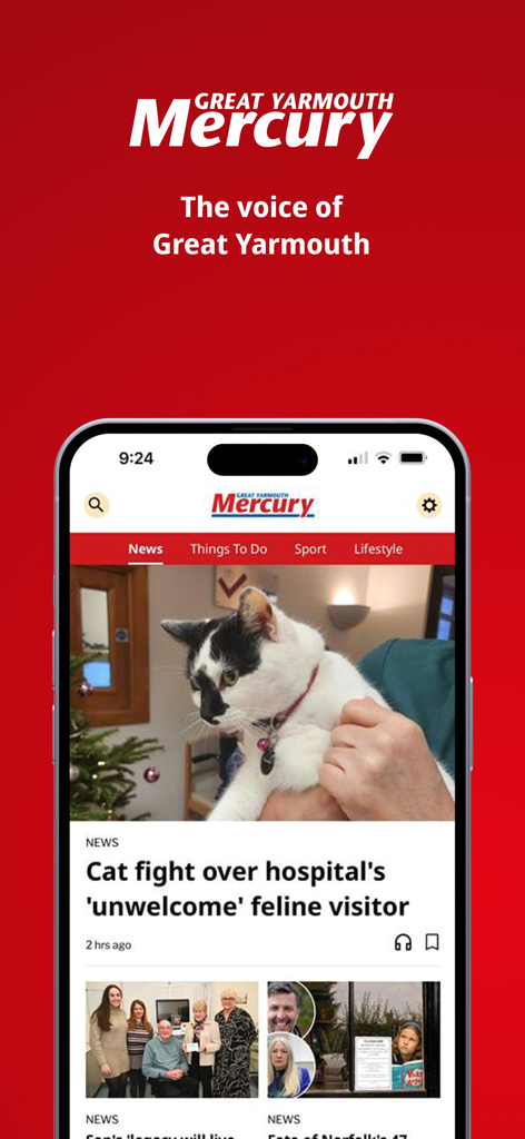 Great Yarmouth Mercury - Great Yarmouth Mercury news app home screen displaying local articles and navigation categories
