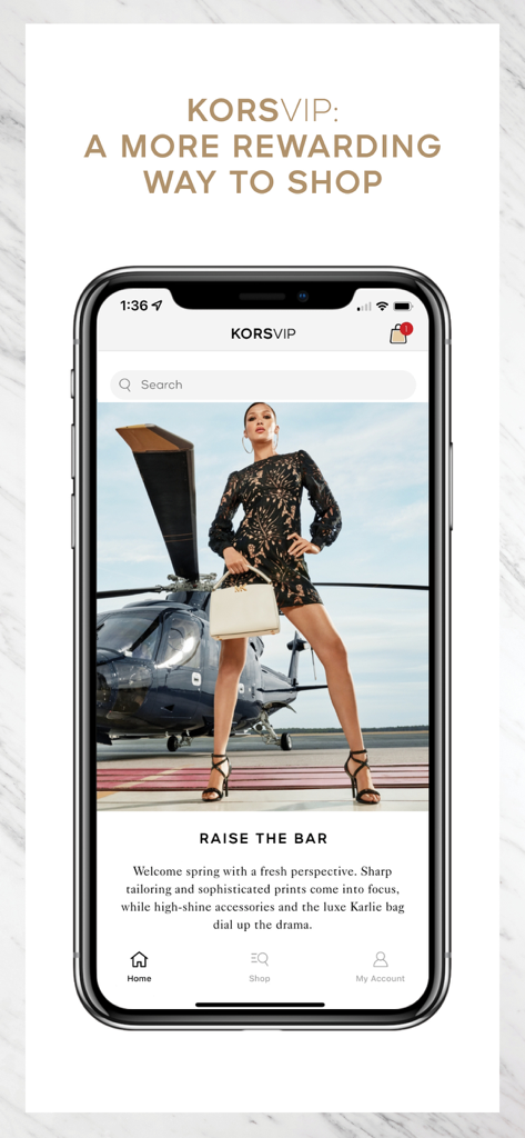 KORSVIP mobile app interface showing a fashion campaign and the rewards program tagline