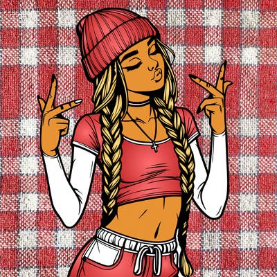 realistic teenage girl with braids and a beanie and crop top doing 🫶🏼