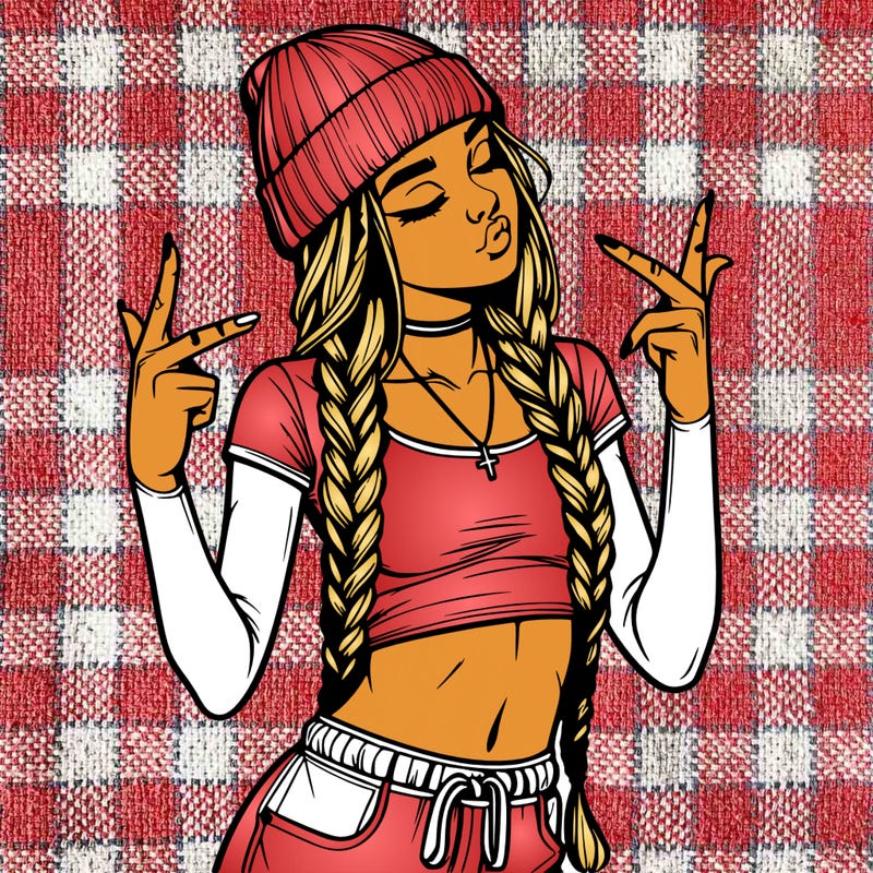 realistic teenage girl with braids and a beanie and crop top doing 🫶🏼