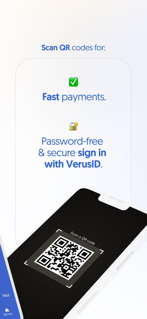 Verus Mobile - Verus Mobile app screen showing QR code scanning for fast payments and secure sign in with VerusID.