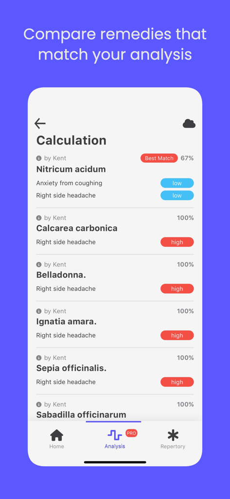Healio Homeopathy - Healio Homeopathie App-Oberfläche zeigt eine Liste passender Mittel wie Belladonna und Sepia basierend auf den Ergebnissen der Symptomanalyse.