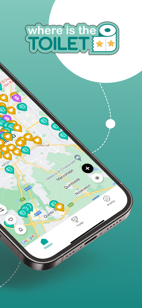 Where is the toilet - Interface of Where is the toilet app showing a map with restroom location pins