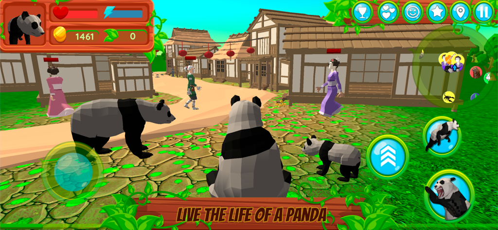 Uma família de pandas explorando uma aldeia em um jogo de simulação de animais em mundo aberto