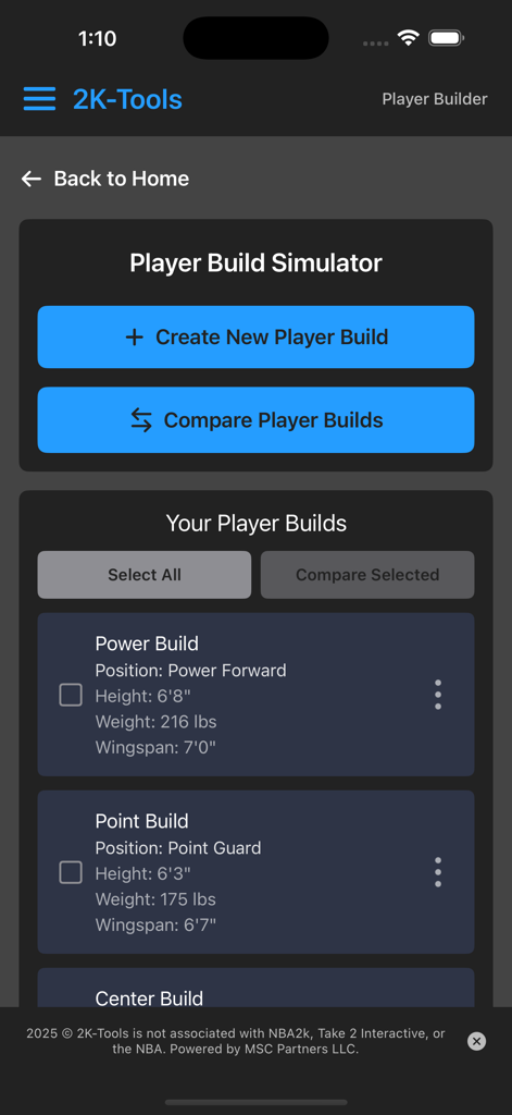 Interface of the 2K-Tools app displaying a list of saved player builds with position and physical attributes