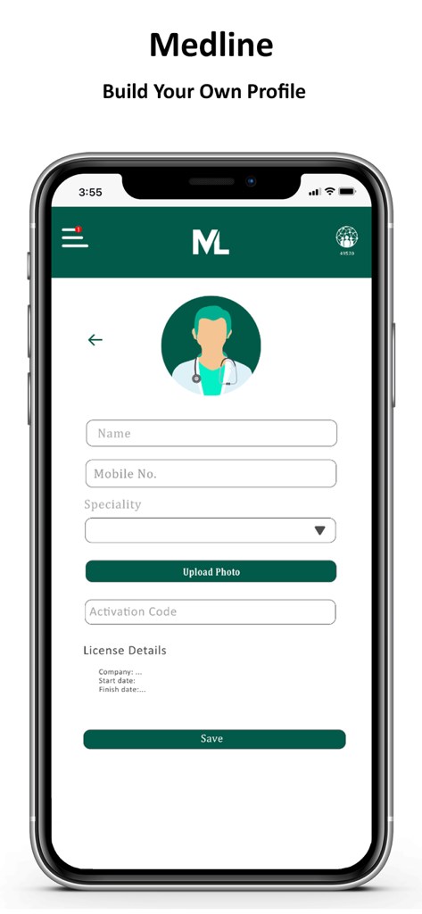 MedLine - Medicine Online - 医療専門家向けのMedLineアプリのプロフィール作成画面