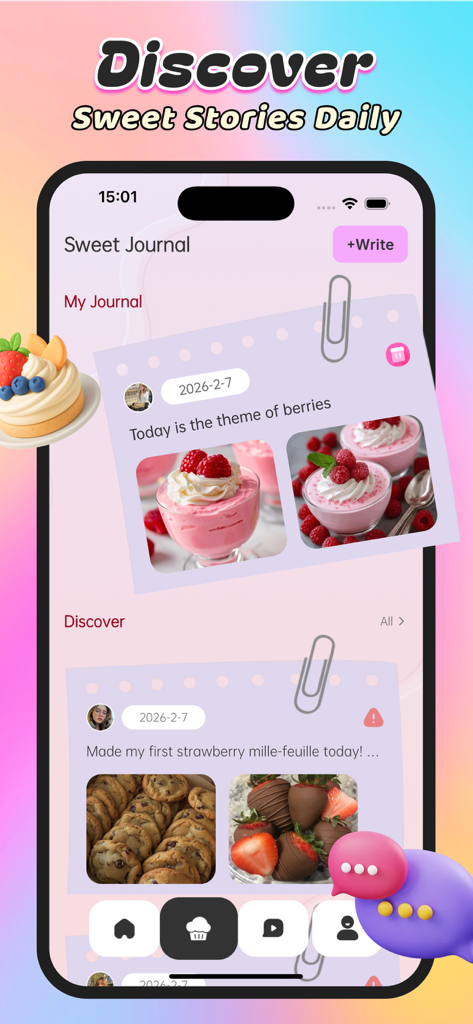 Coco：Adult & Video，Sweet Chat - Screenshot of the Coco app showing the Sweet Journal and Discover feed with photos of homemade berry desserts and cookies