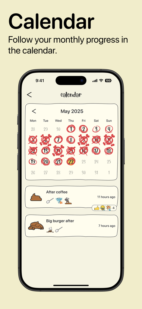 Poopie app calendar interface showing daily poop tracking logs and monthly progress