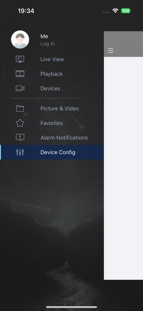 Menú de navegación lateral de la aplicación móvil Guard Viewer que muestra opciones de Vista en Vivo, Reproducción, Dispositivos y Notificaciones de Alarma.