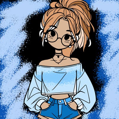 girl with a messy ponytail glasses a baggy crop top and jean shorts