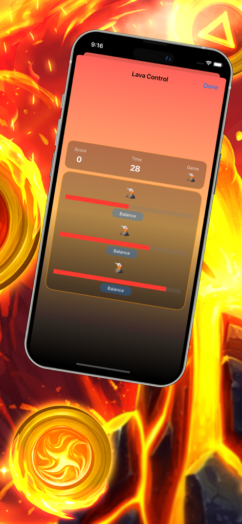 Volcano Vault: Erupting Riches - Una pantalla de smartphone que muestra la pantalla de juego Control de Lava de Volcano Vault con barras de progreso e íconos de volcán.