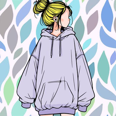 realistic girl with a oversized sweatshirt on and a bun