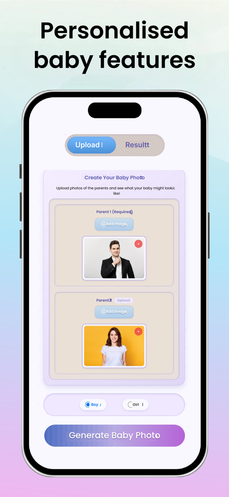 Future Baby Face-AI Generator - Interface of an AI baby face generator showing parent photo upload sections and gender selection.
