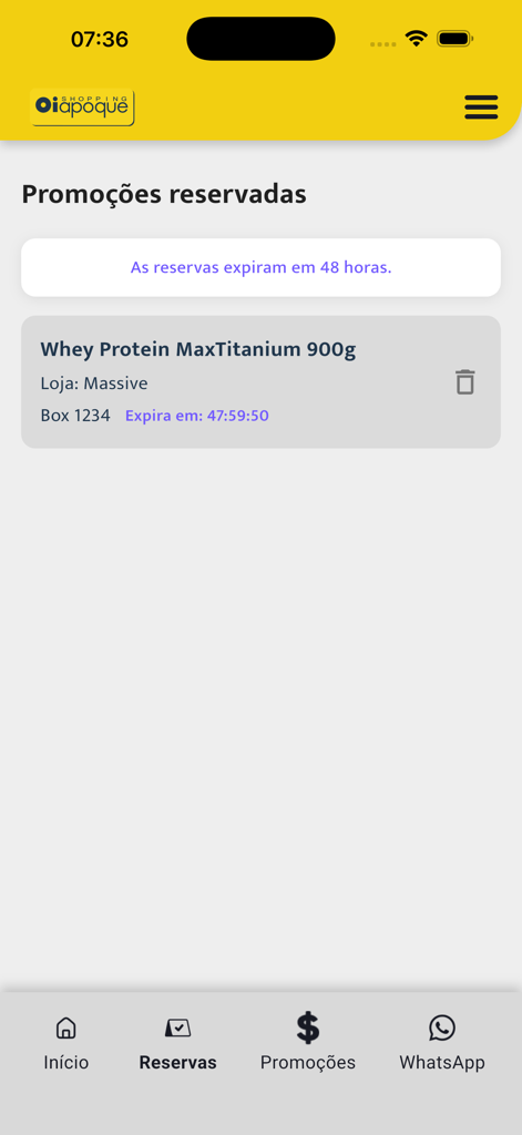Shopping Oiapoque - Captura de pantalla de la aplicación Shopping Oiapoque que muestra la pantalla de promociones reservadas con una cuenta regresiva de 48 horas para un producto de proteína de suero.
