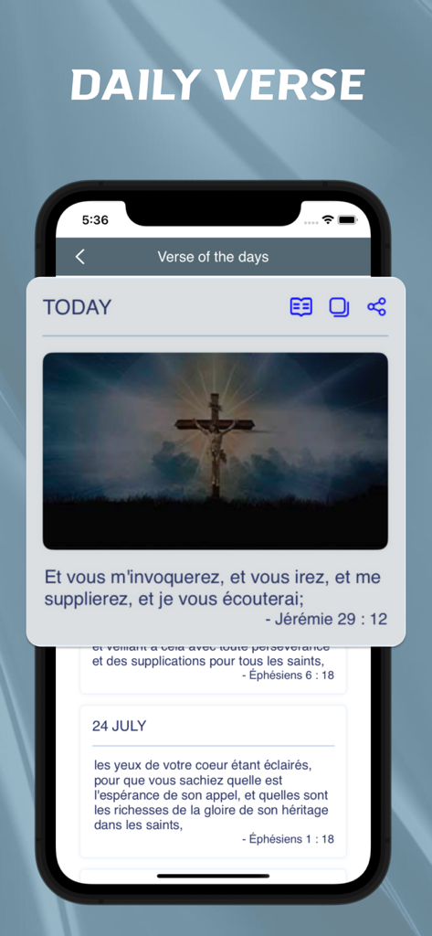 フランス語で毎日の聖句を表示するモバイルアプリ画面、十字架の画像とエレミヤ書29:12からの引用
